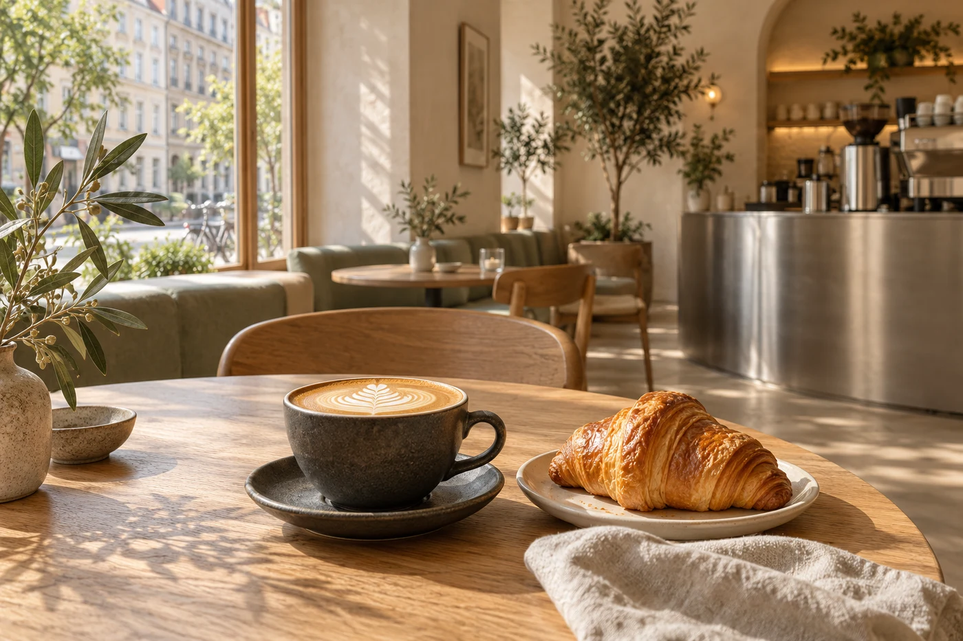 Illustrativt caféinteriør med kaffe og croissant